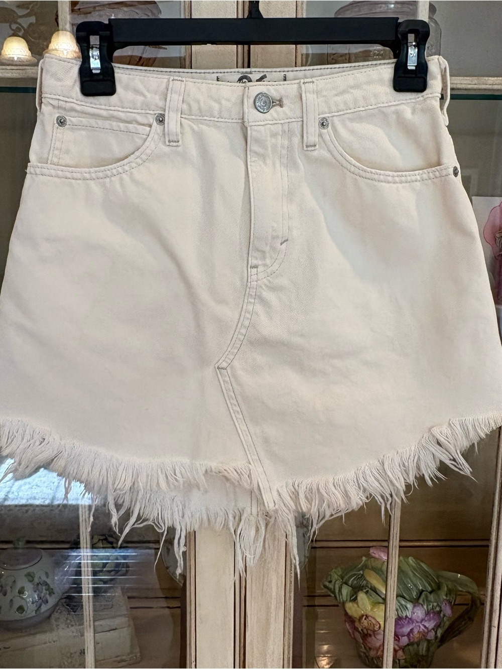 We The Free 100% Cotton Ivory Frayed-Hem Denim Skirt